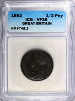 Great Britain Victoria Bronze 1862 1/2 Penny ICG VF35 KM# 748.2