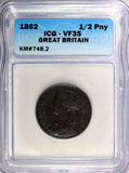 Great Britain Victoria Bronze 1862 1/2 Penny ICG VF35 KM# 748.2