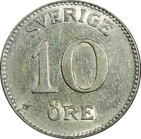 Sweden Gustaf V (1907-1950) Silver 1913 W 10 Öre  XF KM# 780 (22 084)