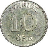 Sweden Gustaf V (1907-1950) Silver 1913 W 10 Öre  XF KM# 780 (22 084)