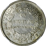 Bolivia Silver 1872 PTS-FE 1 Boliviano NGC AU DET. Error (L/E)in (LA) KM# 160.1
