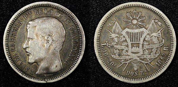 GUATEMALA Silver 1862 R 2 Reales Rafael Carrera Mintage-268,013 KM# 139 (22 742)
