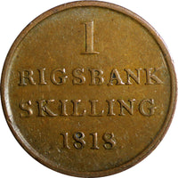 Denmark Frederik VI 1818 1 Rigsbankskilling Brown VF Cond. Double Date KM# 688
