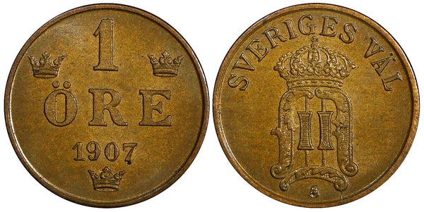 Sweden Oscar II Bronze 1907 1 Öre 2 Years Type ch.UNC KM# 768 (21 925)