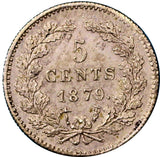 Netherlands William III Silver 1879  Broadaxe 5 Cents  Toned High Grade  KM# 91