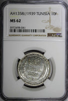 Tunisia  Silver AH1358 // 1939 10 Francs NGC MS62 KM# 265 (041)