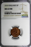 Finland Copper 1919 5 Penniä NGC MS63 RB TOP GRADED BY NGC KM# 22