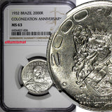 BRAZIL Silver 1932 2000 Reis NGC MS63 400th Anniversary of Colonization KM532(6)