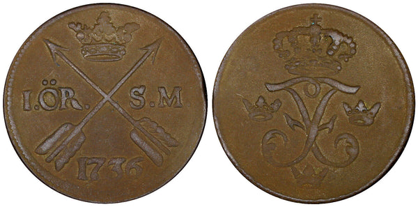 Sweden Frederick I Copper 1736 S.M. 1 ORE Mintage-960,000  KM#416.1  (21 356)