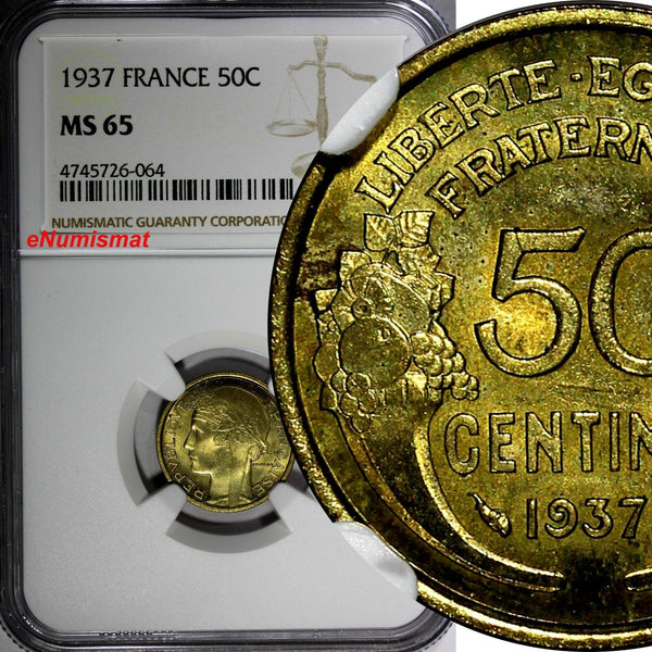 FRANCE Aluminum-Bronze 1937 50 Centimes NGC MS65 1 GRADED HIGHEST KM# 894.1 (64)