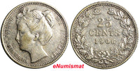Netherlands Wilhelmina I Silver 1906 25 Cents Last Date Type 19mm KM# 120.2 (07)