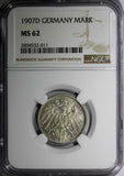 Germany-Empire Wilhelm II Silver 1907 D 1 Mark NGC MS62 MINT LUSTER KM# 14 (011)