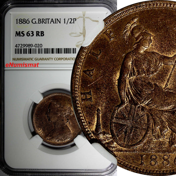 Great Britain Victoria (1837-1901) Bronze 1886 1/2 Penny NGC MS63 RB KM# 754 (0)