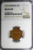 Sweden Bronze 1912 2 Öre NGC MS63 RB BETTER KEY DATE Mintage-445,750 KM# 778 (3)