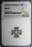 MEXICO Silver 1847 S.L.Pi 1/4 Real NGC MS61 San Luis Potosí TOP GRADE KM368.7(4)