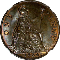 GREAT BRITAIN George V Bronze 1936 1 Penny NGC MS65 BN NICE TONING KM# 838