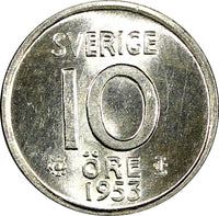 Sweden Gustaf VI SILVER 1953 10 Öre GEM BU COIN  KM# 823 (22 091)
