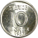 Sweden Gustaf VI SILVER 1953 10 Öre GEM BU COIN  KM# 823 (22 091)