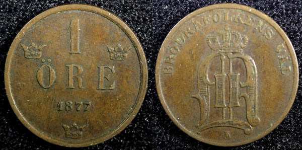 SWEDEN Oscar II Bronze 1877 1 Ore Large Letters KM# 745  (23 150)