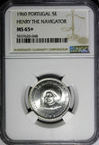 Portugal Silver 1960 5 Escudos Death of Henry the Navigator NGC MS65+ KM# 587(8)