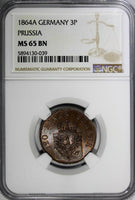 Germany PRUSSIA Wilhelm I 1864 A 3 Pfennig NGC MS65 BN TOP GRADED KM# 482 (039)