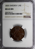 Sweden Gustaf IV Adolf Copper 1805 1/4 Skilling NGC MS63 BN Nice KM# 564 (012)