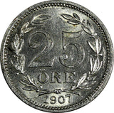 Sweden Oscar II Silver 1907 EB 25 Öre aUNC Light Toned KM# 775 (17 387)