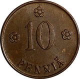 Finland Copper 1923 10 Pennia KEY DATE RARE Mintage-910,000 aUNC KM# 24 (15 110)