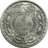 Tunisia  Silver 1358 (1939) 5 Francs Paris Mint 1 YEAR TYPE XF/aUNC KM# 264 (2)