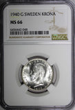 SWEDEN Gustaf V Silver 1940 G 1 Krona NGC MS66 1 GRADED HIGHEST BU KM# 786.2 (8)