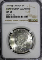 SWEDEN Silver 1959 TS 5 Kronor NGC MS63 Constitution Sesquicentennial KM# 830