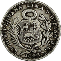 Peru Silver 1898 JF 1/5 Sol "LIBERTAD" KM# 205.2 (19 398)