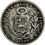 Peru Silver 1898 JF 1/5 Sol "LIBERTAD" KM# 205.2 (19 398)