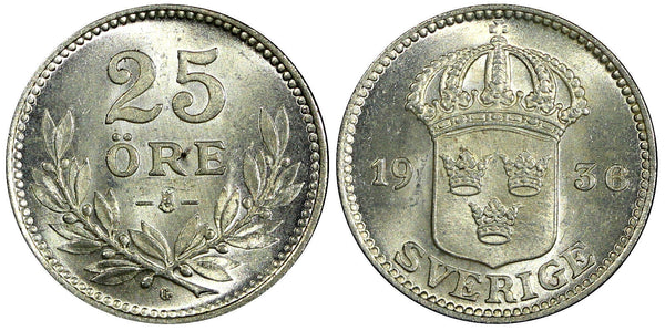 Sweden Gustaf V Silver 1936 G  25 Öre Choice UNC Luster KM# 785 (22 049)