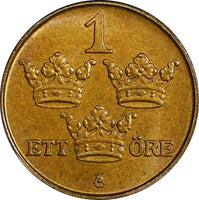 SWEDEN Gustaf V Bronze 1916 1 Öre Short "6" BU Condition KM# 777.2 (21 922)