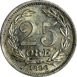 Sweden Oscar II Silver 1896 EB 25 Ore Large letters KM# 739 (13 937)