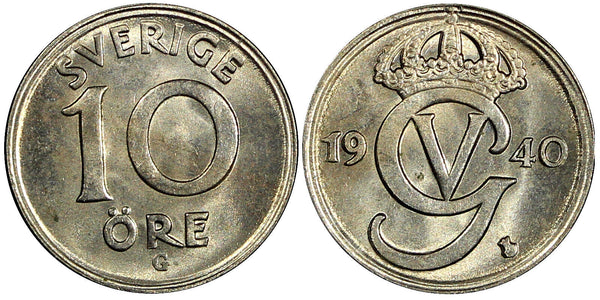 Sweden Gustaf V (1907-1950) Nickel-Bronze 1940 G 10 Öre UNC KM# 795 (22 076)