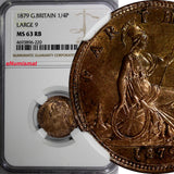 Great Britain  Victoria Bronze 1879 Farthing NGC MS63 RB Large "9" RED KM#753(0)