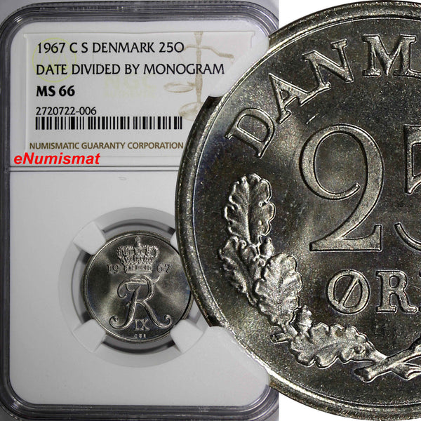 DENMARK Frederik IX 1967 CS 25 Øre NGC MS66 KEY DATE SCARCE w/o hole KM# 850 (6)