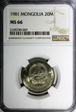 Mongolia Copper-Nickel 1981 20 Mongo NGC MS66 TOP GRADED BY NGC KM# 32 (007)