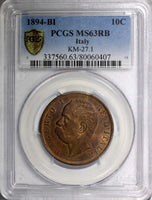 Italy Umberto I COPPER 1894 BI 10 Centesimi PCGS MS63 RB RED TONING KM# 27.1 (7)