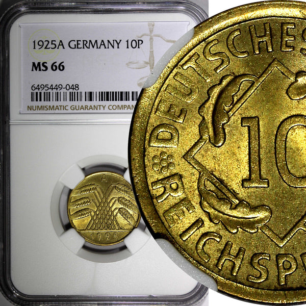 Germany 1925 A 10 Reichspfennig NGC MS66 ONLY 1 GRADED HIGHEST KM# 40 (048)