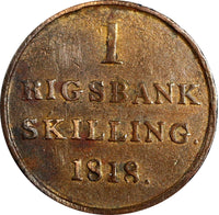 Denmark Frederik VI 1818 1 Rigsbankskilling Brown Copper VF Condition KM# 688