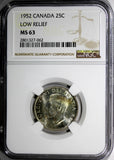 CANADA George VI Silver 1952 25 Cents NGC MS63 Low Relief Variety Toning KM# 44