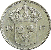 SWEDEN Gustaf V Silver 1917 W 10 Öre  WWI ISSUE KM# 780 (21 910)
