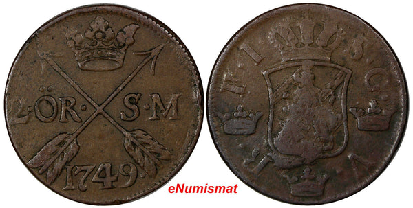 Sweden Fredrik I Copper 1749 2 Ore, S.M.Silvermynt Mintage-313,000 KM#437 (319)