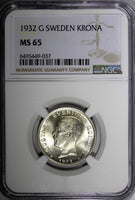 SWEDEN Gustaf V Silver 1932 G 1 Krona NGC MS65 1 GRADED HIGHEST KM# 786.2 (037)