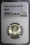 SWEDEN Gustaf V Silver 1932 G 1 Krona NGC MS65 1 GRADED HIGHEST KM# 786.2 (037)