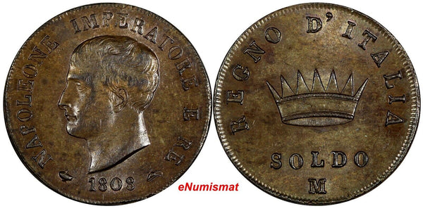 ITALY Kingdom of Napoleon Copper 1808 M SOLDO aUNC SCARCE C#3.2 (11 213)