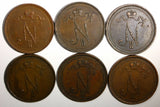 FINLAND Nicholas II Copper LOT OF 6 COINS 1899-1905  10 Penniä KM# 14 (14 238)